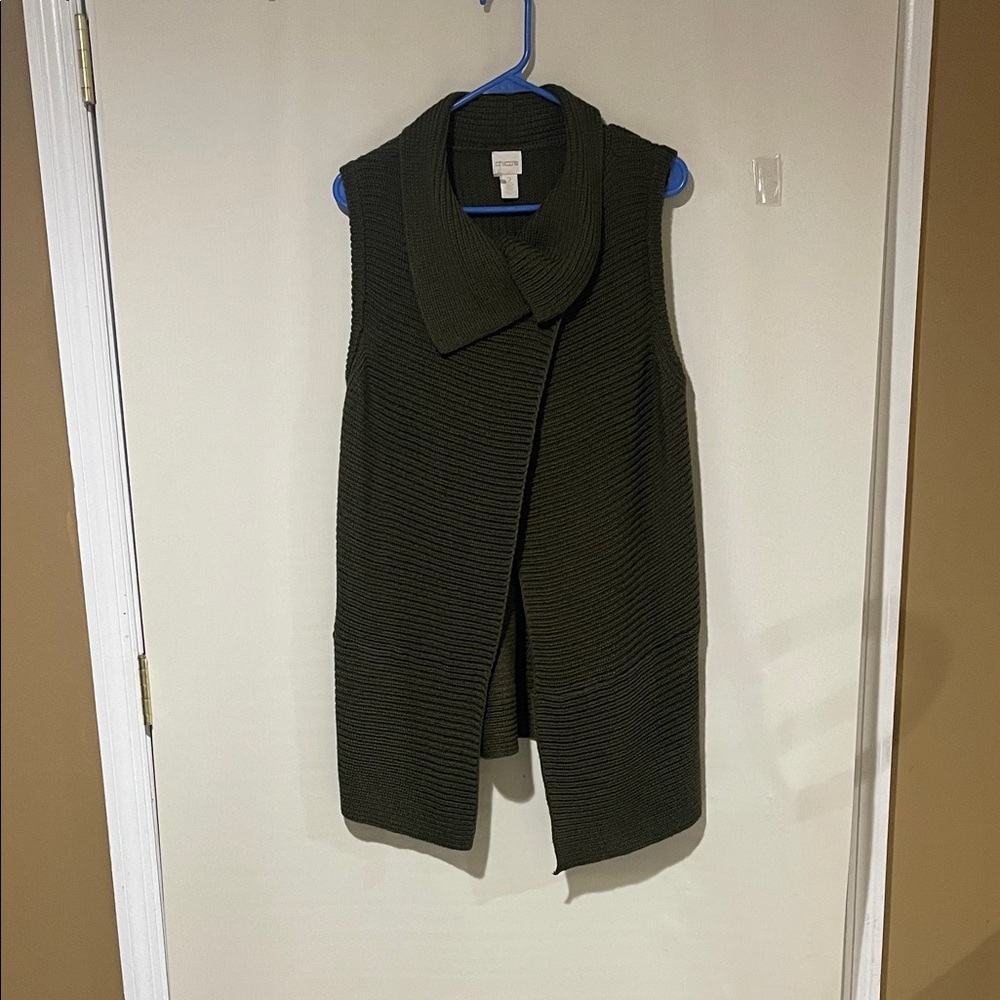 NWOT Chico's Wool Blend Elegant Olive Green Knit Mid Length Vest SZ 2/ U.S. L